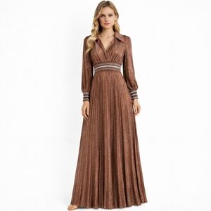 1970s Vintage Disco Maxi Dress Brown Silver Sparkle Shimmer Collared Gown #3